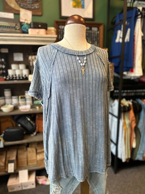 Acid Wash Dusty Blue Ribbed Short Sleeve Top