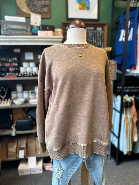 Mocha Acid Wash Fleece Hi-Low Hem Pullover
