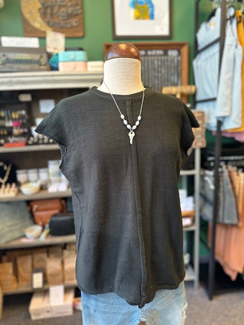 Black Raw Seam Cap Sleeve Round Neck Knit Top