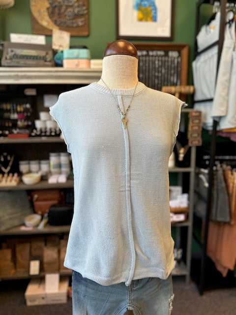 Sale - Sky Blue Raw Seam Cap Sleeve Round Neck Knit Top