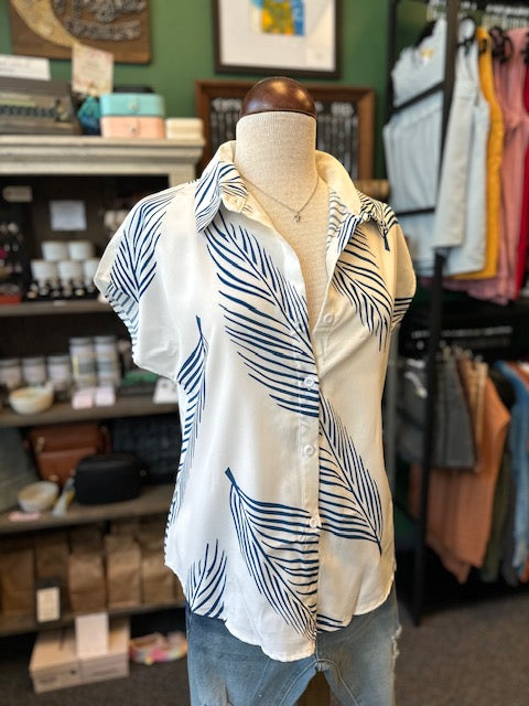 White and Blue Leaf Collared Button Down Shirt
