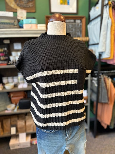 Black and Tan Short Sleeve Stripe Sweater