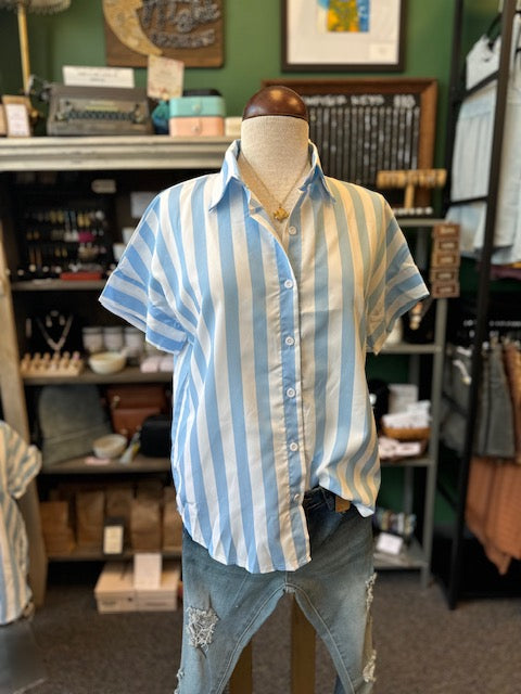Sale - Sky Blue Trendy Striped Oversized Button-Down Shirt