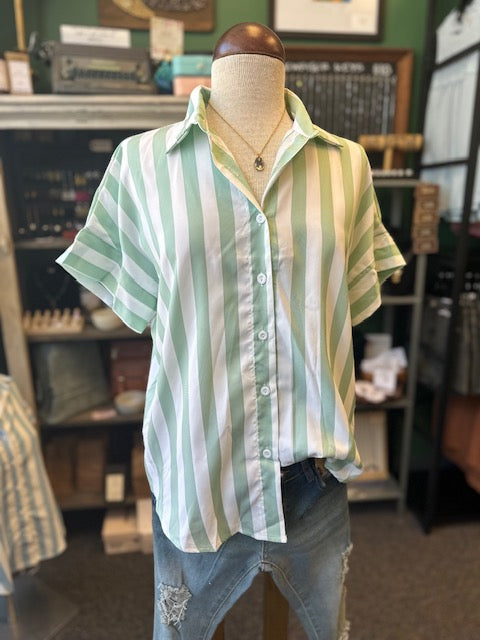 Sale - Green Trendy Striped Oversized Button-Down Shirt