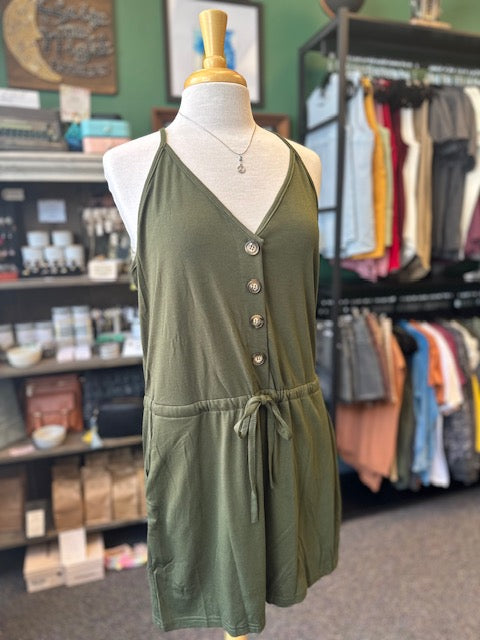 Dark Green Button Sleeveless Spaghetti Strap Romper