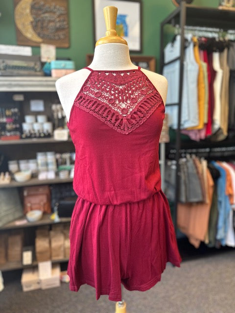 Wine Lace Sleeveless Romper