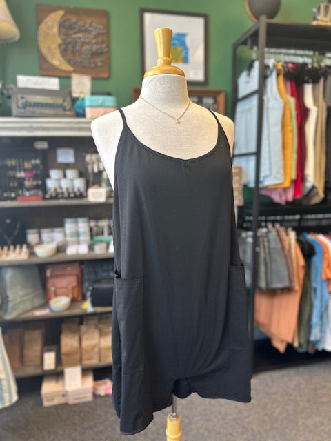 Sale - Black Scoop Neck Spaghetti Strap Loose Fit Romper