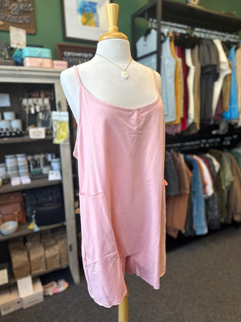 Sale - Pink Scoop Neck Spaghetti Strap Loose Fit Romper