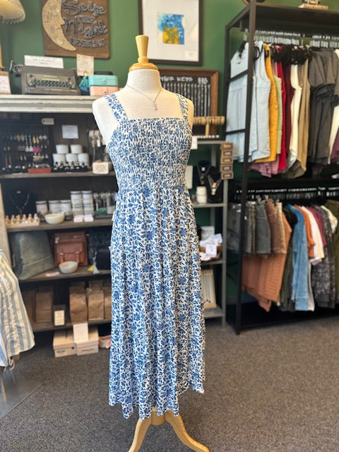 Sale - Blue and Ivory Smocked Waist Floral Print Dress