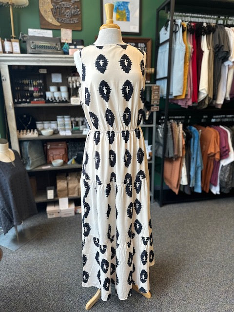 Beige Sleeveless Printed Ruffle Maxi Dress