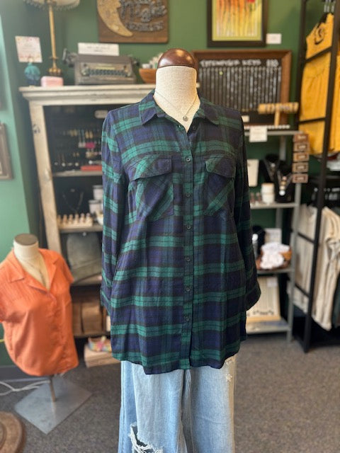 Blue and Green Two Pocket Plaid Top