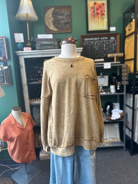 Camel Distressed Pocket Sweatshirt