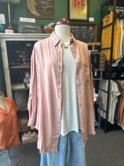Sale - Pink Oversize Frayed Seam Balloon Sleeve Shirt