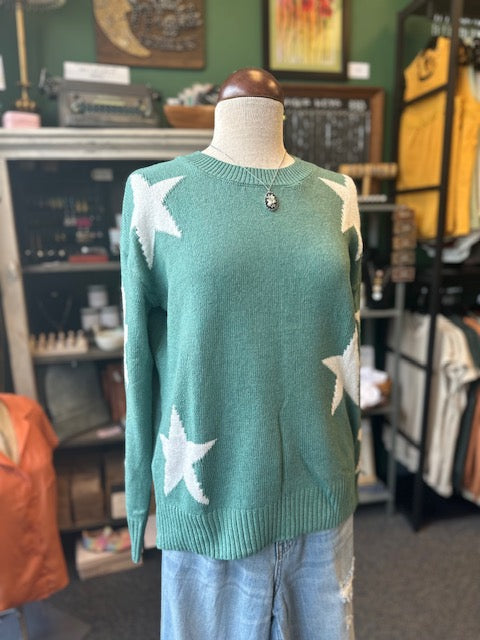 Knit Green Star Crew Neck Sweater