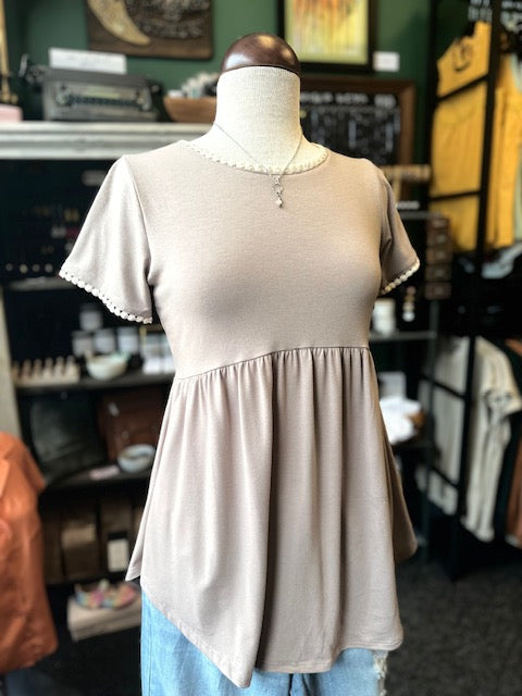 Ash Mocha Short Sleeve Empire Waist Shirring Top with Pompom Trim