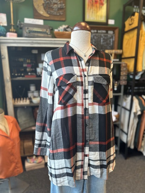 Black Rust Two Pocket Plaid Top