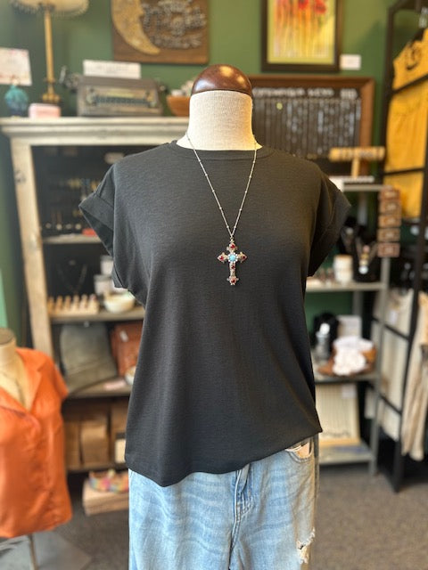 Black Cotton Modal Slub Folded Sleeve Tee