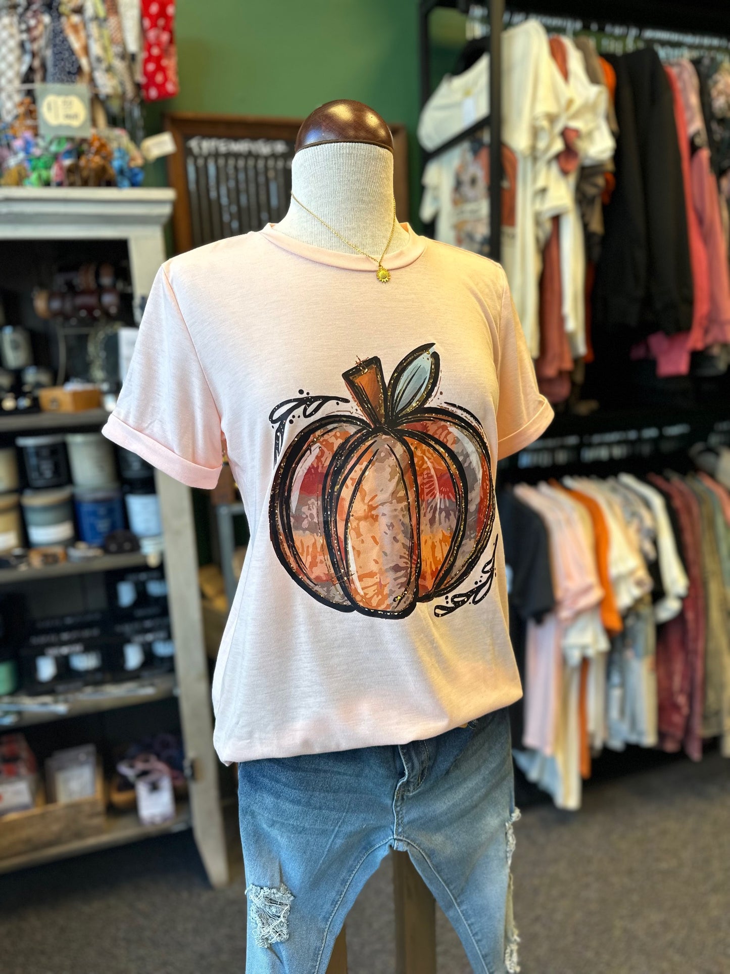 Sale - Pink Pumpkin Graphic Print Crew Neck T Shirt