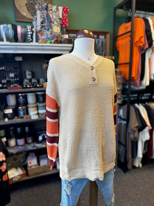 Sale - Apricot Striped Raglan Sleeve Drop Shoulder Sweater