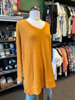 Sale - Mustard Waffle V Neck Top