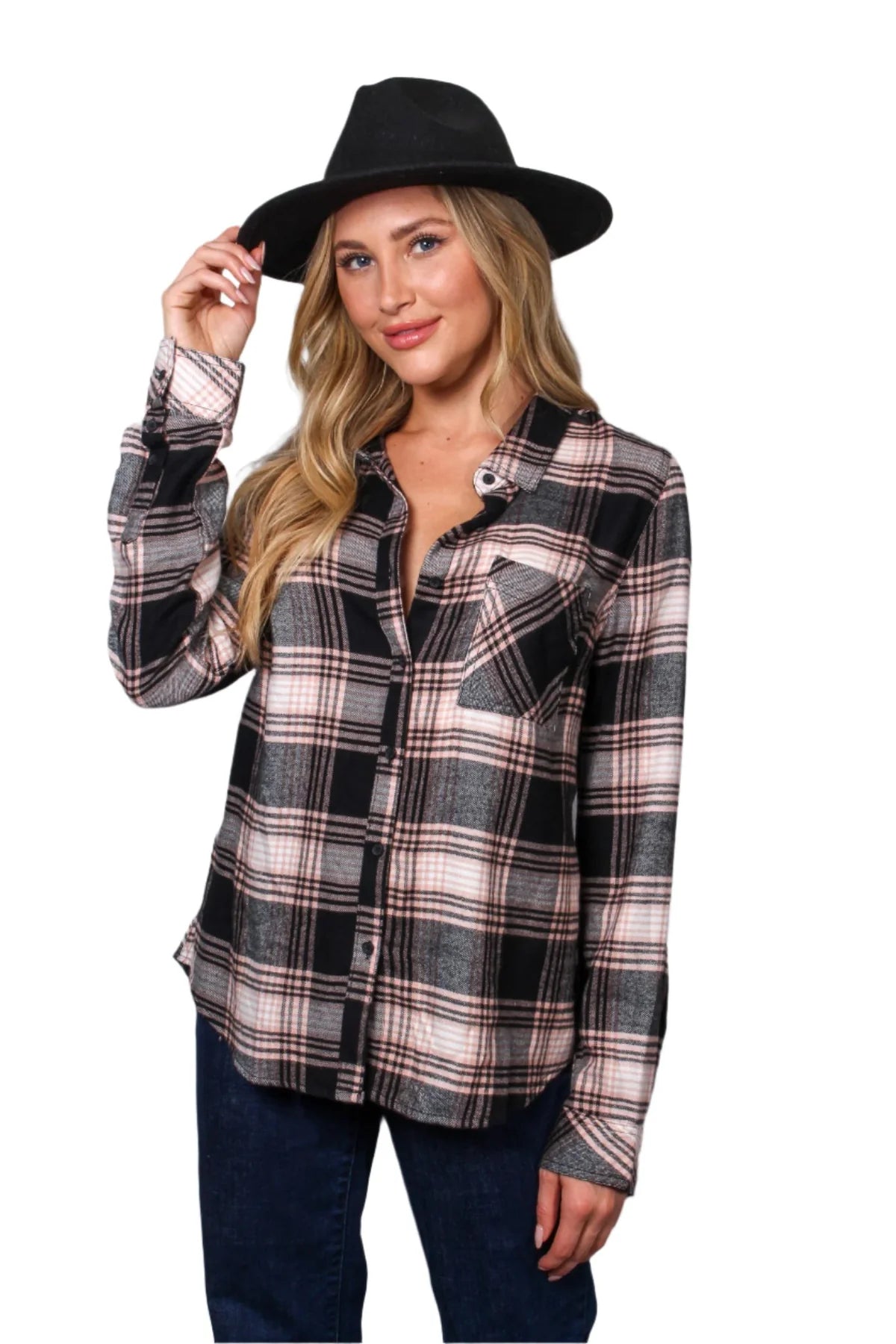 Black Combo One Pocket Plaid Top