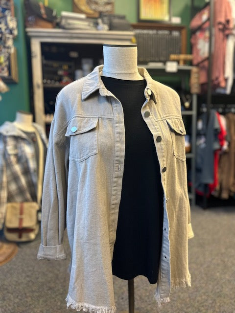 Autumn Frayed-Hem Denim Jacket Shacket - Khaki