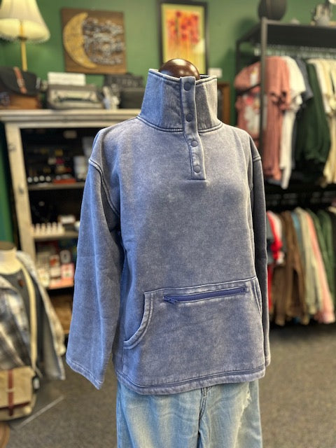 Fleece Washed High Neck Kangaroo Pocket Pullover - Marlin
