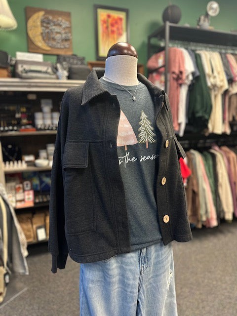 Black Acid Wash Fleece Front Pocket Cropped Shacket