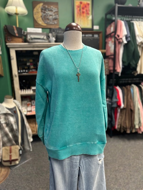 Turquoise Acid Wash Fleece Hi-Low Hem Pullover