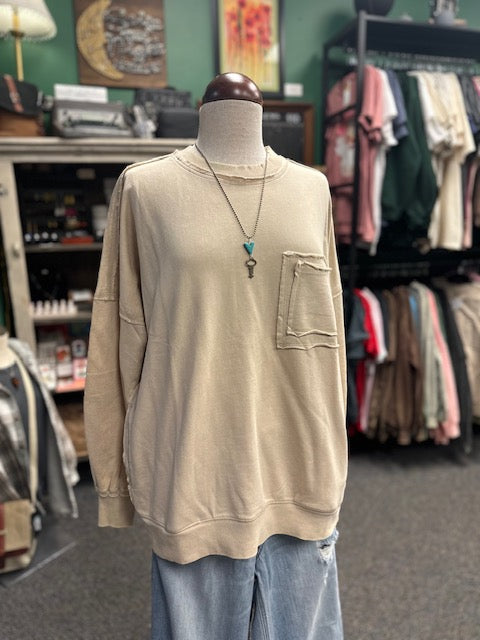 Sand Beige Distressed Pocket Sweatshirt