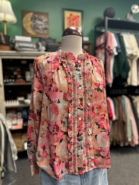 Sale - Floral Print Ruffled Stitch Buttoned Loose Fit Shirt