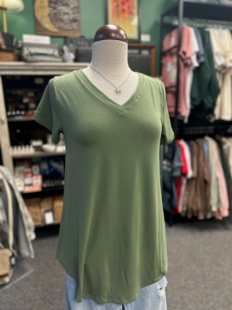 Light Olive Short Sleeve V-Neck Round Hem Top