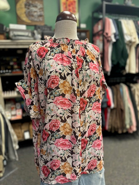 $10 Rack - Floral Print Crew Neck Short Sleeve Shift Blouse