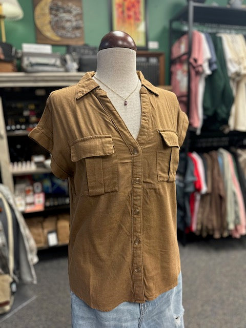 Deep Camel Washed Linen Button Down Shirt