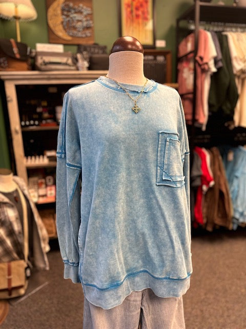 Deep Sky Distressed Pocket Sweatshirt