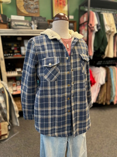 Sale - Plaid Long Sleeve Fur Hooded Jacket - Blue