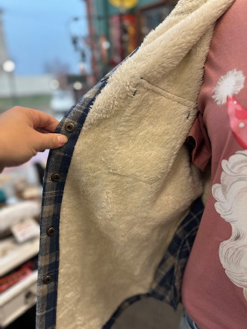 Sale - Plaid Long Sleeve Fur Hooded Jacket - Blue