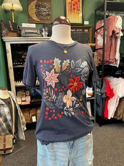 Heather Navy Floral Christmas Graphic Tee