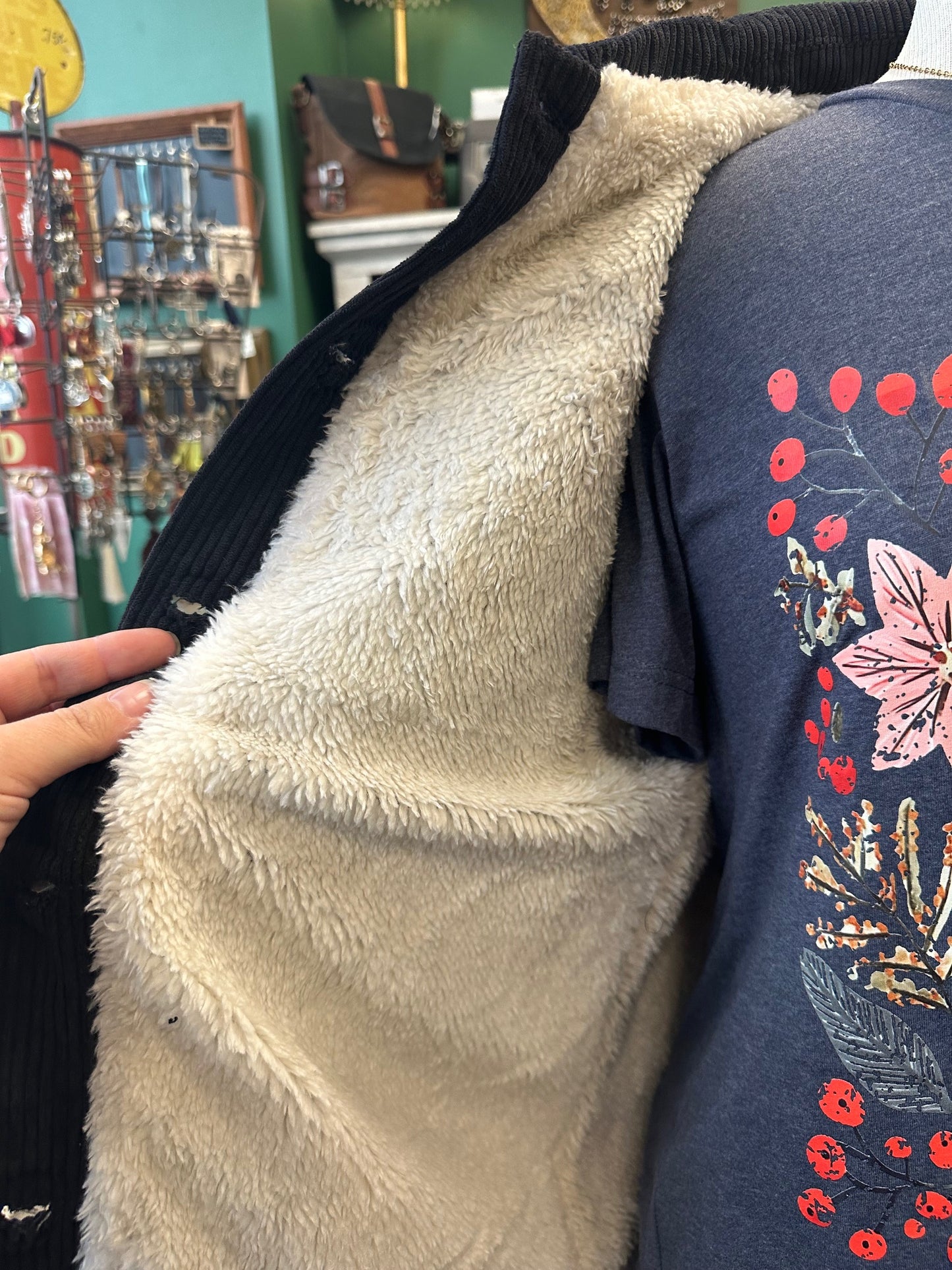 Black Corduroy Button Up Jacket With Sherpa Inside