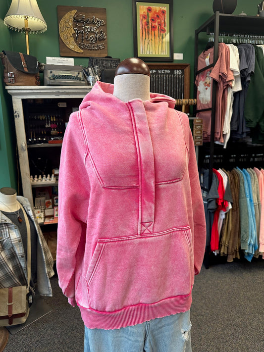 Hot Pink Fleece Oversized 1/4 Zip Kangaroo Pocket Hoodie