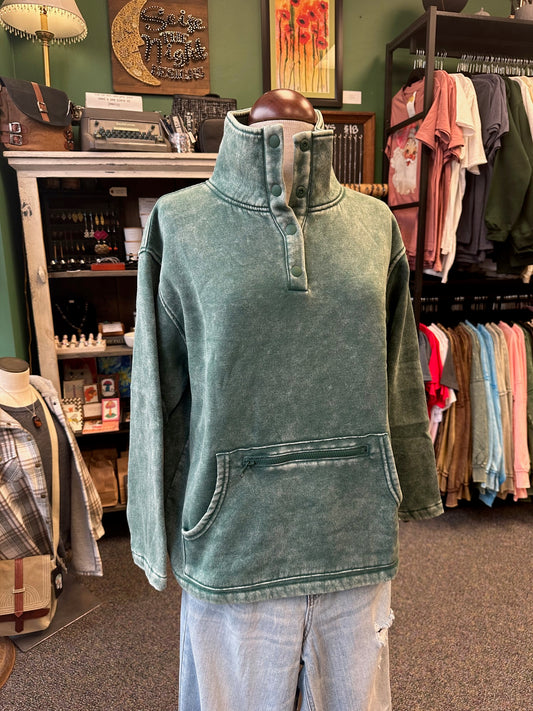 Fleece Washed High Neck Kangaroo Pocket Pullover - Dark Green