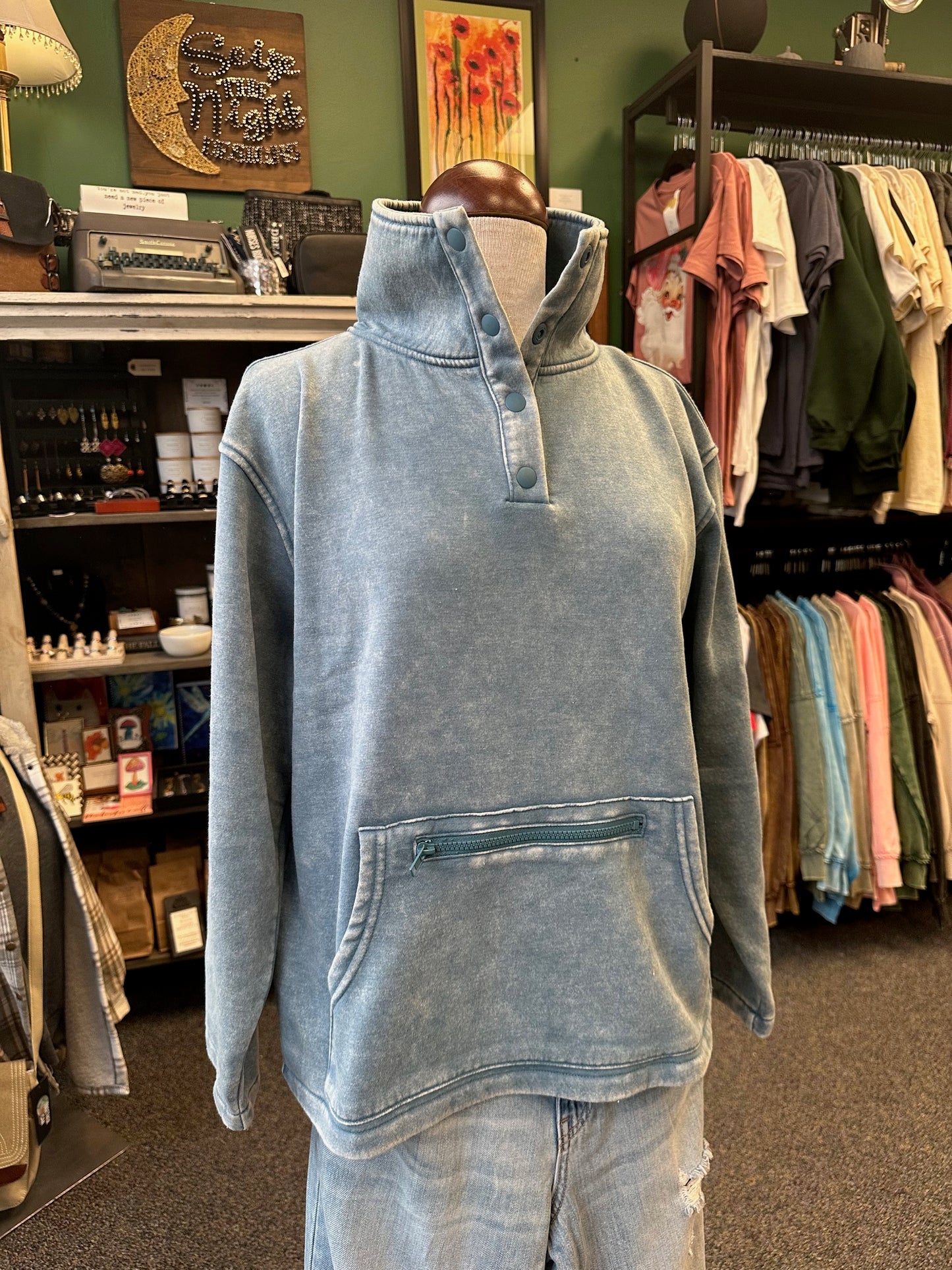 Fleece Washed High Neck Kangaroo Pocket Pullover - Blue Grey