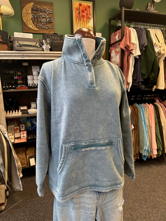 Fleece Washed High Neck Kangaroo Pocket Pullover - Blue Grey