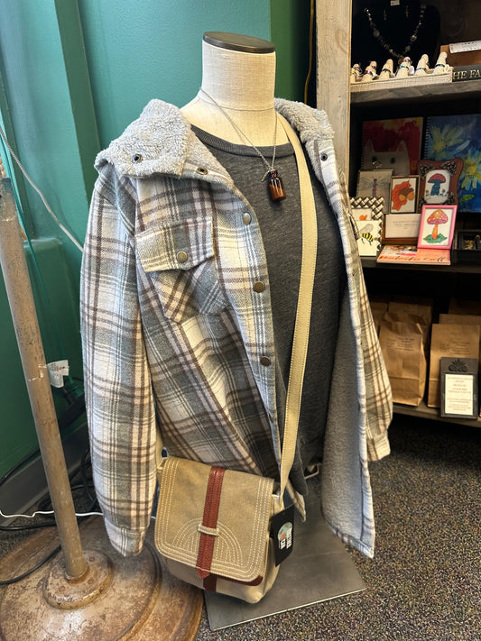 Plaid Long Sleeve Fur Hooded Jacket - Grey