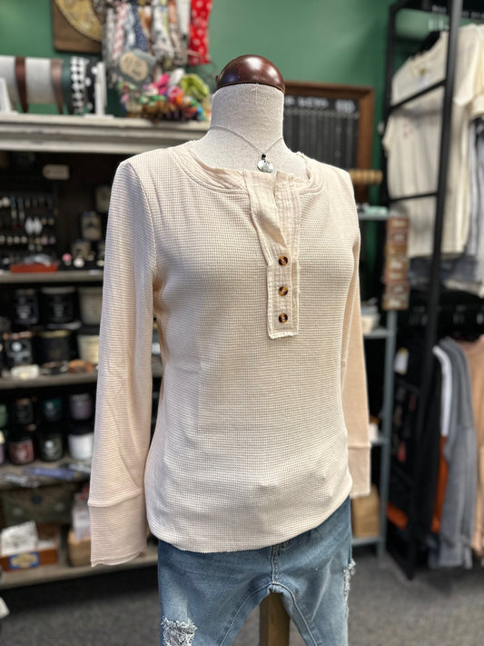 Beige Henley Long Sleeve Top