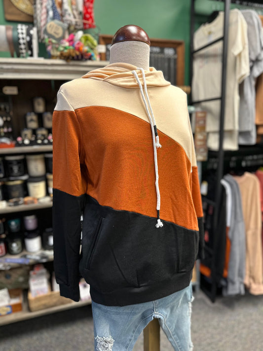 Khaki Colorblock Pocketed Hoodie Top