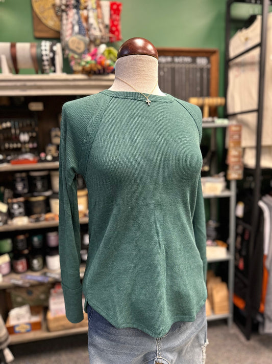 Green Waffle Long Sleeve Top