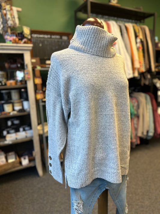 Gray Button Sleeve Cowl Neck Sweater