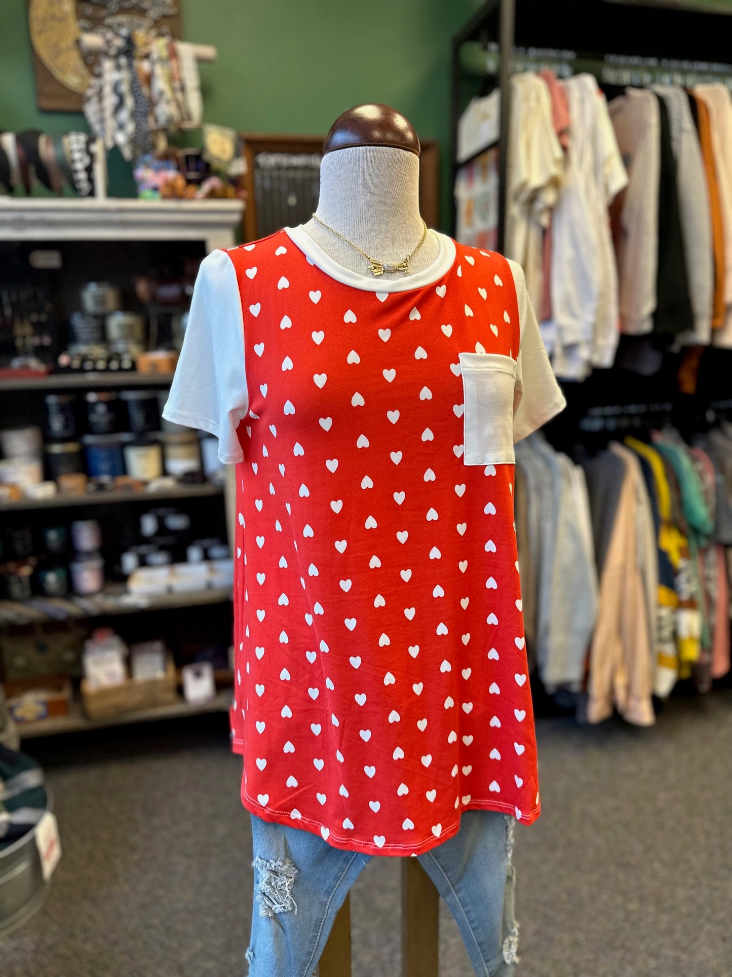 $10 Rack - Red and White Heart Short Sleeve Top