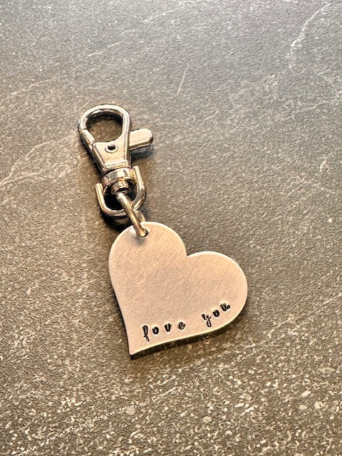 Love You Hand Stamped Heart Metal Key Chain